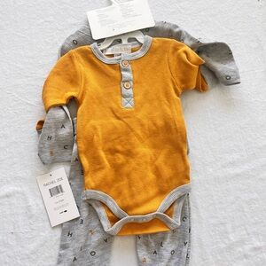 Rachel Zoe Mustard Yellow Waffle Knit Baby Bodysuit with Gray Trim
